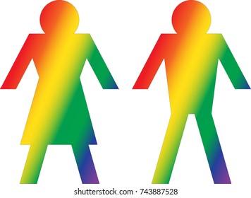 Rainbow coloured Ladies and Gentlemens toilet signs for LBGT friendly facilities.