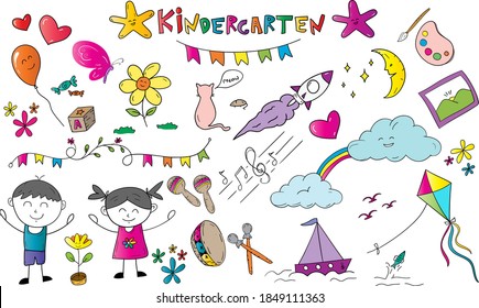 Rainbow Colourful Doodle set or pattern illustrations for kindergarten school kids girl and boy. template for education kids on clothing web and certificate