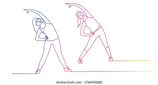 Rainbow colours in linear vector illustration of Fitness women. Gym training, sport and lifestyle concept.