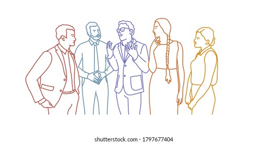 Rainbow colours in linear vector illustration of business people.