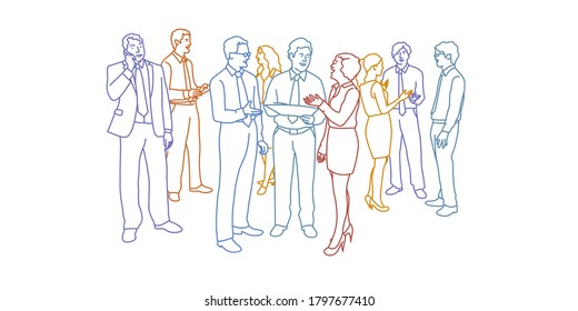 Rainbow colours in linear vector illustration of business people.