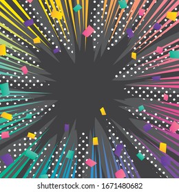 Rainbow comic burst and colorful confetti background, pop art style