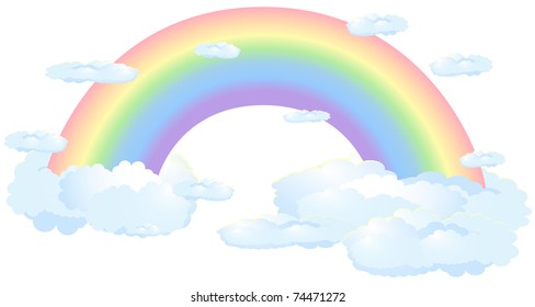 Rainbow coming out of cirrus clouds located on a white background