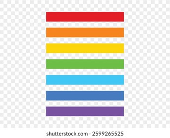 Rainbow composed of seven horizontal hand drawn colorful strokes in red, orange, yellow, green, light blue, dark blue, and purple on a transparent background. vector 