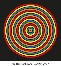 Rainbow concentric circles. Colorful ring pattern. Vector spiral design. Bright circular geometry.