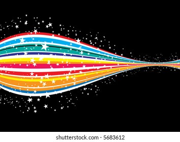 Rainbow concept image surrounded by stars on a black nights sky