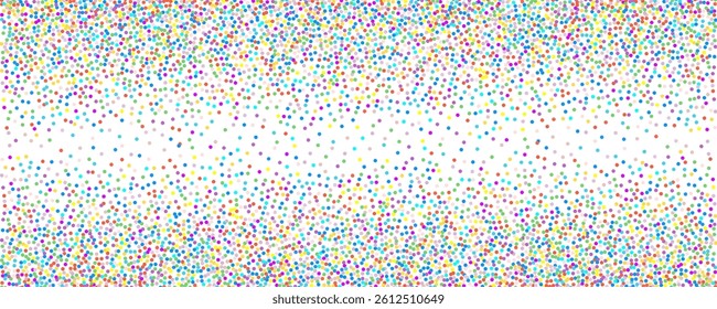 Rainbow confetti background. Dot multicolor halftone pattern, color gradient abstract design, small confetti banner, little polka vector illustration