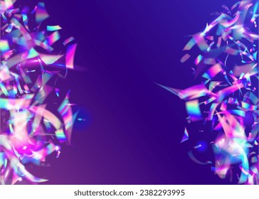 Confetti arcoiris. Tinsel láser azul. Brillante Art. Cristal Glitter. Fóleo festivo. Luz solar de color desdibujada. Glare transparente. Diseño de fiesta. Confetti arcoiris morado