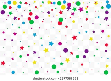 Rainbow Confetti Celebration Vector Transparent Background. Decoration Circle and Star Texture. Independence Shine Illustration. Falling Starfall Top Wallpaper.