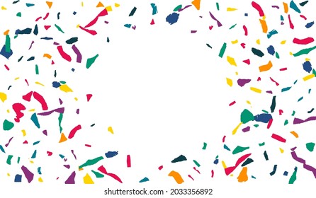 Rainbow Confetti Decoration White Background. Abstract Smear Postcard. Carnaval Particles Texture. Yellow Paint Christmas Design.