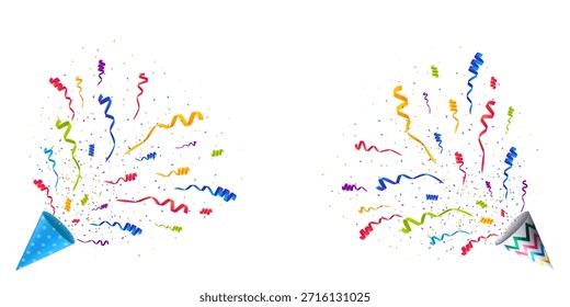 Regenbogen Konfetti Explosion von Zigzag Party Cone und blau gepunkteten Kegel mit bunten Curling Streamer einzeln auf weißem Hintergrund