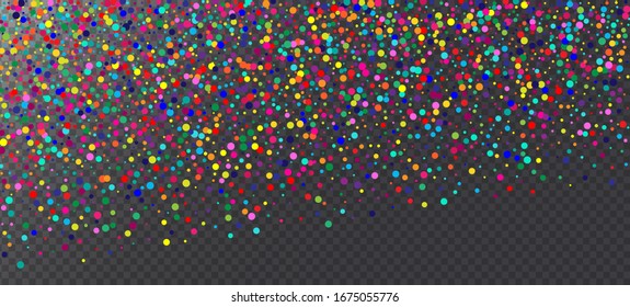 Fondo vectorial festivo Rainbow Confetti. Fiesta del Carnaval, Motion Garland. Navidad, Año Nuevo, Decoración Mágica de Cumpleaños. Cae el Confetti Arcoiris. Caer Por El Marco De Los Círculos Brillantes.
