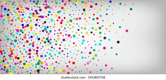 Fondo vectorial del festival Rainbow Confetti. La Celebración De Las Fiestas Cae En El Marco De Las Secuencias Luminosas. Navidad, Año Nuevo, Decoración De La Espuma De Cumpleaños. El Confeti Arcoiris Cae. Carnaval, Tierra Simple.