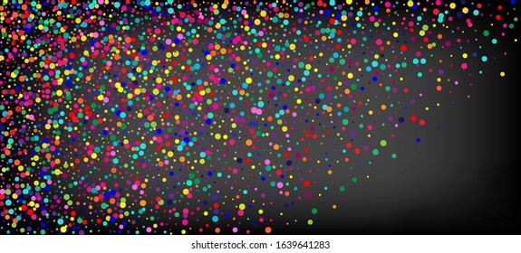 Rainbow Confetti Festive Vector Wallpaper. Christmas, New Year, Birthday Magic Decoration. Falling Down Bright Circles Frame. Holiday Celebration Rainbow Confetti Falling. Carnival Modern Garland.