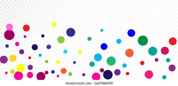Rainbow Confetti Modern Vector Wallpaper. Falling Down Bright Circles Frame. Carnival Motion Garland. Holiday Celebration Rainbow Confetti Falling. Christmas, New Year, Birthday Magic Decoration.