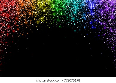 Rainbow confetti on black background, arch shape. Vector