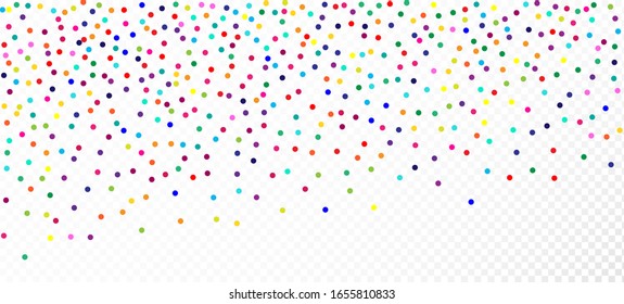 Rainbow Confetti Trendy Vector Background. Carnival Minimal Garland. Falling Down Bright Sequins Frame. Christmas, New Year, Birthday Sparkle Decoration. Rainbow Confetti Falling. Holiday Celebration