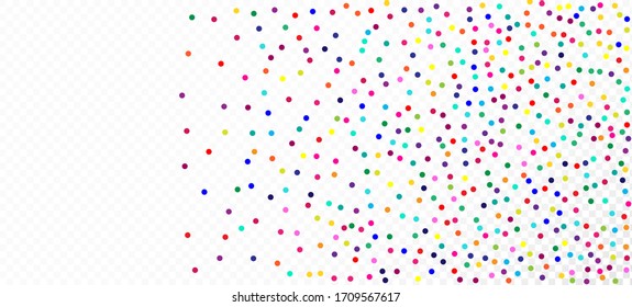 Rainbow Confetti Trendy Vector Background. Falling Down Bright Circles Frame. Christmas, New Year, Birthday Magic Decoration. Holiday Celebration Rainbow Confetti Falling. Carnival Motion Garland.