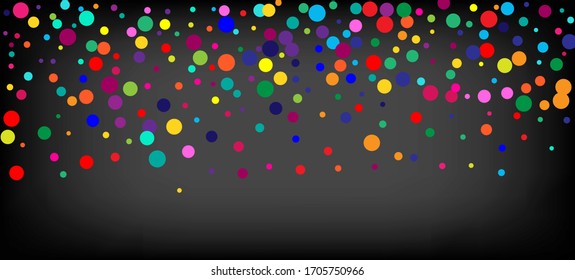 Rainbow Confetti Trendy Vector Wallpaper. Christmas, New Year, Birthday Magic Decoration. Carnival Minimal Garland. Holiday Celebration Rainbow Confetti Falling. Falling Down Bright Circles Frame.