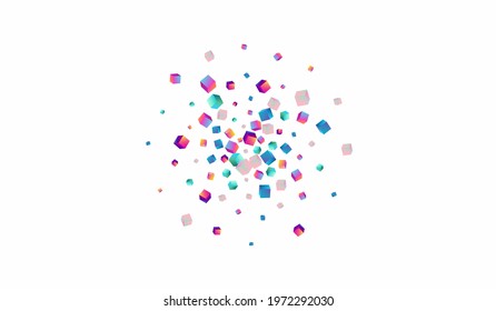 Rainbow Confetti Vector White Background. Holographic Abstract Brick Wallpaper. Style Block Presentation. Multicolored Polygon 3d Pattern.