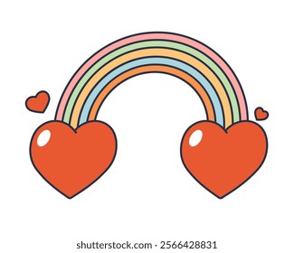 Rainbow connection two hearts. Vector sign for love or icon for relationships. Unity and positive bond, equality and inclusive emotional expression. Harmony and romance, sentiment. Celebration clipart