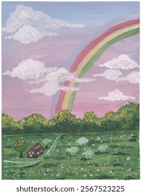 rainbow at the countryside purple sky meadow with sheep eating green grass watercolour