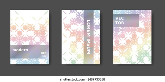 Rainbow cover design with arabic mosaic. Disintegration geometric poster set. Vector A4 catalog,magazine, cover modern set.