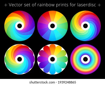 Rainbow covers for printing on compact discs. Vector set of different round designs for DVD, CD. Fortune wheel, twisted, spiral and petal patterns. Fancy spectrum of twelve color gradients.