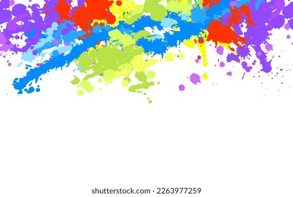 Rainbow creative banner made from paint splatter. Design element in abstract style with multicolored spots and splashes.