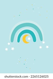 Rainbow with crescent poster. Dreams, imagination and fantasy. Design element for greeting and invitation postcard. Nursery decor, baby textile print in boho style. Cartoon flat vector illustration