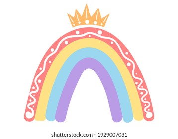 Regenbogen mit Krone. Kinderregenbogen im Boho-Stil. In sanften Pastellfarben. Für Stoffe, Kinderzimmer, Spielzeug, Drucke usw. einzeln auf weißem Hintergrund