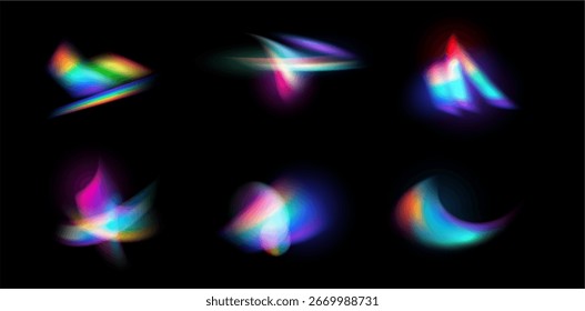 Rainbow crystal light leak with rainbow effect, isolated realistic flare reflection collection. Vector set of colorful optical radiances, beams, lens lusters overlay streaks, spectrum glow
