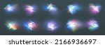 Rainbow crystal light leak flare reflection effect. Vector illustration set. Colorful optical rainbow lights beam lens flare leak overlay streaks on transparent dark background.