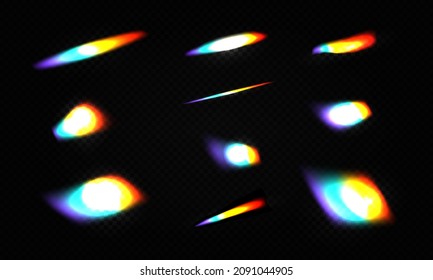 Rainbow Crystal Light Leak Flare Reflection Effect Vector Illustration Set. Colorful Optical Rainbow Lights Beam Lens Flare Leak Overlay Streaks On Transparent Dark Background.