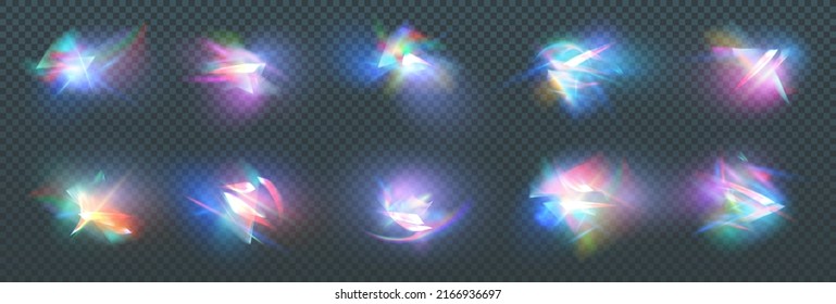 Rainbow crystal light leak flare reflection effect. Vector illustration set. Colorful optical rainbow lights beam lens flare leak overlay streaks on transparent dark background.
