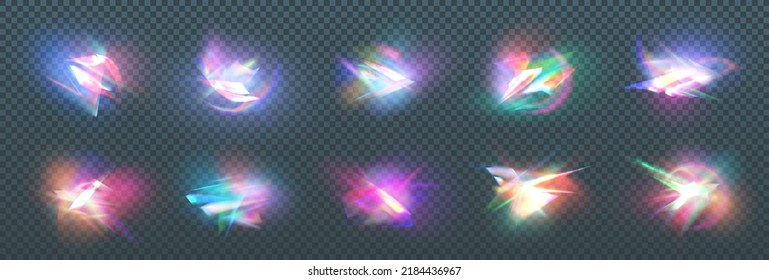 Rainbow Crystal Light Leak Flare Reflection Effect Vector Illustration. Lens Colorful Refraction Vector Set. Colorful Optical Rainbow Lights Beam Lens Flare Leak Overlay Streaks On Transparent Dark Ba