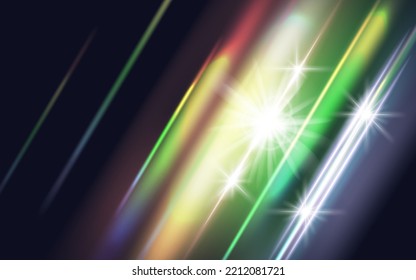 Rainbow crystal light leak flare reflection. Colorful optical rainbow lights beam lens flare leak overlay streaks. Vector illustration. Eps 10.