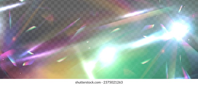 Ilustración vectorial del reflejo de la fuga de luz del arcoiris. Colorido conjunto de lentes. Efecto de reflexión sobre la filtración de cristal irlandés. Luces ópticas de arco iris, resplandor, filtración, superposición de rayas.