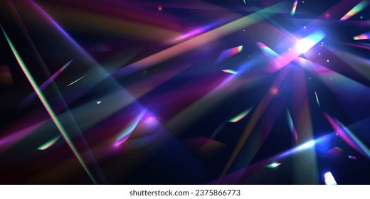 Ilustración vectorial del reflejo de la fuga de luz del arcoiris. Colorido conjunto de lentes. Efecto de reflexión sobre la filtración de cristal irlandés. Luces ópticas de arco iris, resplandor, filtración, superposición de rayas.