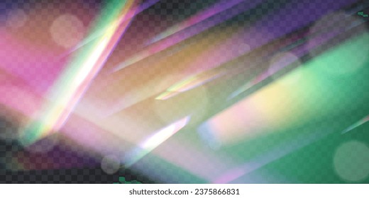 Ilustración vectorial del reflejo de la fuga de luz del arcoiris. Colorido conjunto de lentes. Efecto de reflexión sobre la filtración de cristal irlandés. Luces ópticas de arco iris, resplandor, filtración, superposición de rayas.