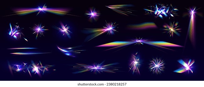 Rainbow crystal light leak flare reflection effect. Diamond prism light flares. Crystal caustic light, lens effects and diamond refraction colors overlay vector set.	