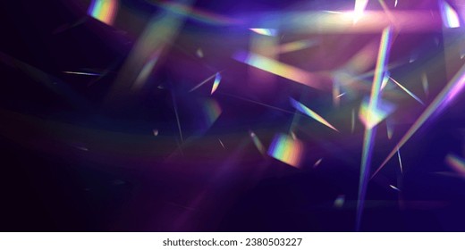 Rainbow crystal light leak flare reflection effect. Abstract refraction glow effect on black background. Transparent refraction elements.	