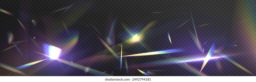 Efecto de reflexión de destellos de luz de cristal de arco iris. Efecto de resplandor de refracción Abstractas sobre fondo negro. Elementos de refracción transparentes.	