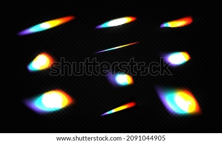 Rainbow crystal light leak flare reflection effect vector illustration set. Colorful optical rainbow lights beam lens flare leak overlay streaks on transparent dark background.