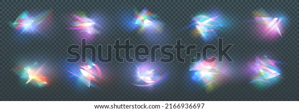 Rainbow crystal\
light leak flare reflection effect. Vector illustration set.\
Colorful optical rainbow lights beam lens flare leak overlay\
streaks on transparent dark\
background.