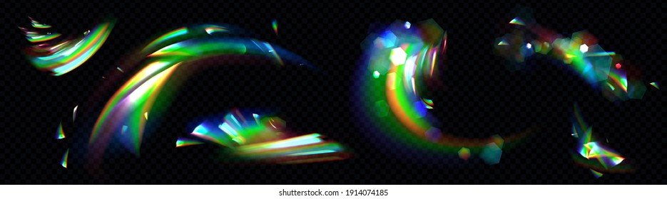 Rainbow Crystal Light, Prism Flare Reflection, Lens Refraction, Glass, Jewelry Or Gem Stone Glare, Optical Physics Effect Isolated On Black And Transparent Background, Realistic 3d Vector Illustration