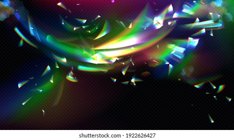 Rainbow crystal light, prism flare reflection, lens refraction, glass, jewelry or gem stone glare, optical physics effect isolated on black and transparent background, Realistic 3d vector illustration