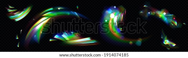Rainbow crystal light, prism flare\
reflection, lens refraction, glass, jewelry or gem stone glare,\
optical physics effect isolated on black and transparent\
background, Realistic 3d vector\
illustration