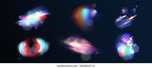 Regenbogen-Kristalllicht auf transparentem Hintergrund isoliert. Vektorgrafik Realistische Darstellung der Sonnenlichtreflexion auf Edelstein, holografischer Linsenflackereffekt, verschwommene irisierende Diamantglühen-Überlagerung