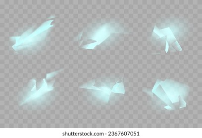 Efecto de reflexión de cristal arco iris. Brilla y brilla. Conjunto de ilustraciones vectoriales. Las luces ópticas de arcoiris coloridas hacen brillar la lente.